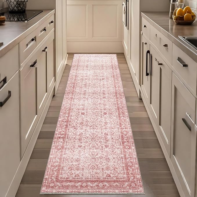 OPPODREAM Vintage Pink 2x8 Runner Rug, 2 x 8 Retro Washable Rug Non Slip, Low-Pile Faux Wool Carpet, Distressed Floor Mat for Kitchen, Hallway, Entry-Way, Entrance, Indoor Back Door