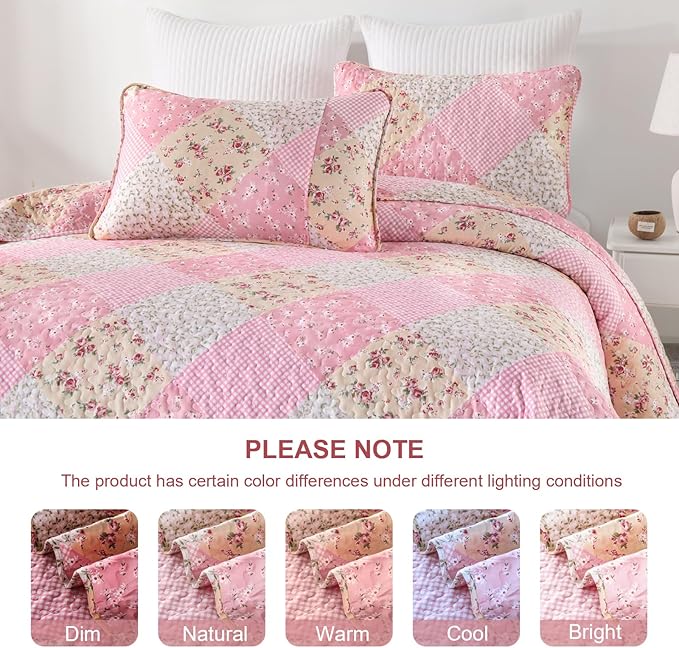 Dinjoy Floral Plaid Patchwork Quilt Set King Size, Reversible Pink Bedding Set Soft Microfiber Lightweight Bedspread Coverlet 3 Piece Fall Autumn Summer Use (110x90 inches)