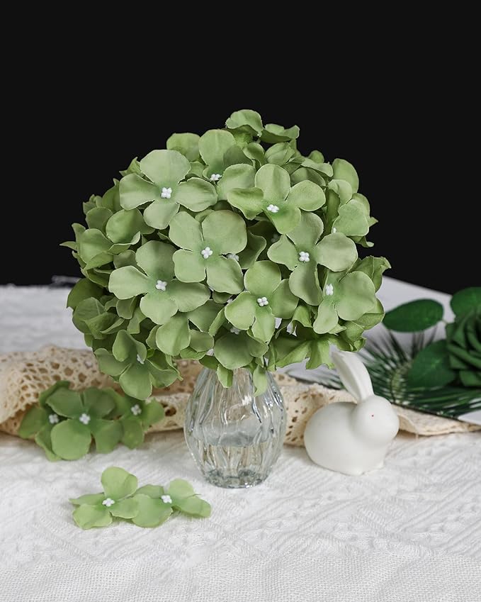 DuHouse 8.7" Silk Hydrangea Flower Heads with Stems Fake Hydrangeas Flowers for DIY Wedding Centerpiece Home Decor,Pack of 6(Sage Green)