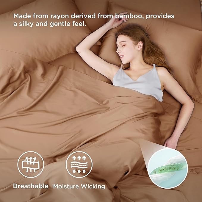 Bedsure Queen Sheet Set, Rayon Derived from Bamboo, Cooling Sheets, Breathable & Soft, Deep Pocket Up to 16 Inches, Hotel Luxury Silky Bedding for Hot Sleepers, Khaki