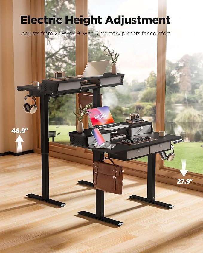 FiCiHi Adjustable Height Standing Desk with 4 Drawers,40 x 24 inches Electric Sit Stand Home Office Desk with Two Tiers, 3 Memory Presets, Monitor Stand Riser, C-Clamp Mount Compatible
