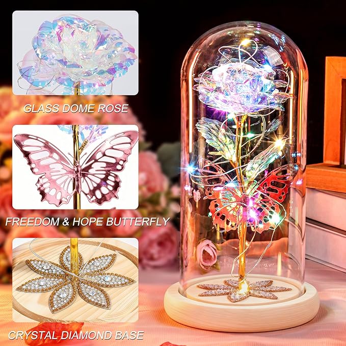Beferr Christmas Birthday Gifts for Women, Mom Gifts for Christmas Galaxy Glass Rose Forever Preserved Flowers for Delivery Prime Rose in Glass Dome Xmas Gifts for Grandma Wife Sister Her, Rainbow