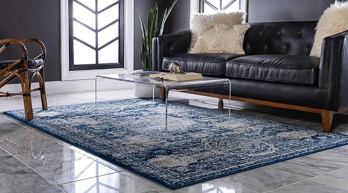 Unique Loom Bromley Collection Area Rug - Wells (7' 10" x 10' Rectangle, Ivory and Blue/ Ivory)