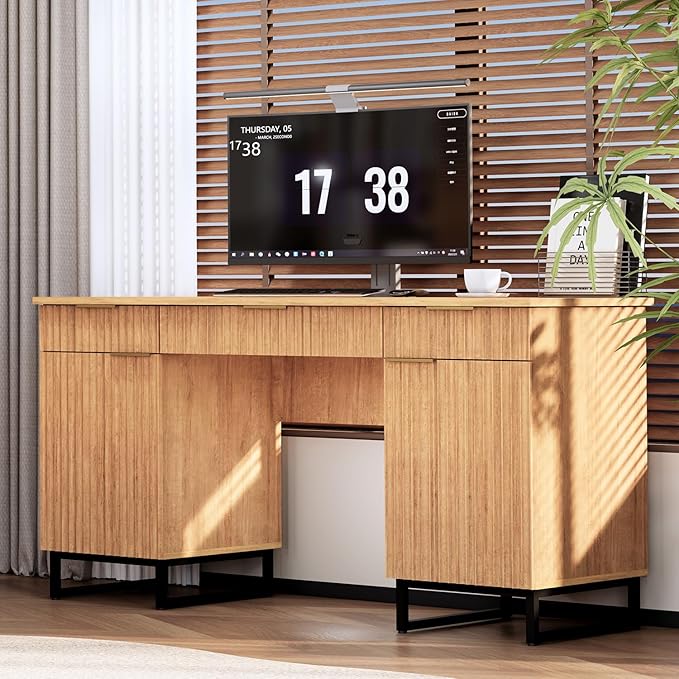 55" Fluted Executive Desk with File Drawer,Wooden Computer Desk with Storage,Light Wood Modern Office Desk for Work and Studying,Natural Oak (1, Natural Oak)