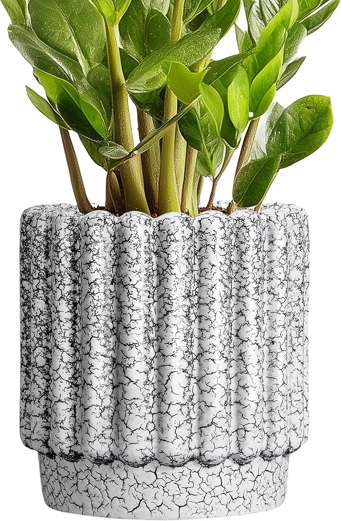 Ceramicfor Ceramic Pots for Plants - 7.6 Inch Ceramic Planter with Drainage Hole, Round Flower Pots for Indoor Plants, Fluted Planter Outdoor, Garden Decor, Birthday Gifts, Black and White