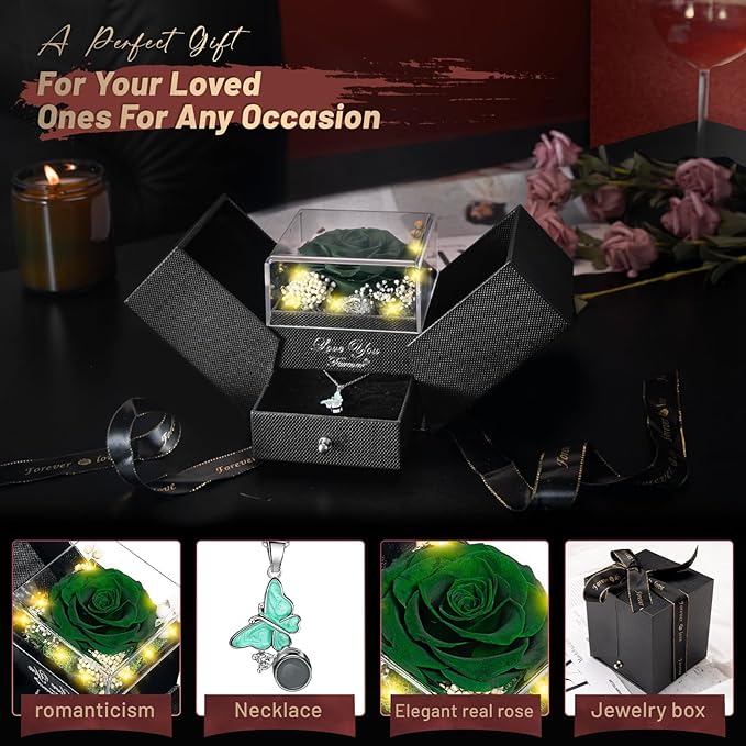 DRTINA Preserved Green Real Rose with I Love You Butterfly Necklace-Eternal Flowers Rose Birthday Gifts for Women Wife Mom Girlfriend Grandma on Mothers Day Valentines Anniversary Christmas Romantic