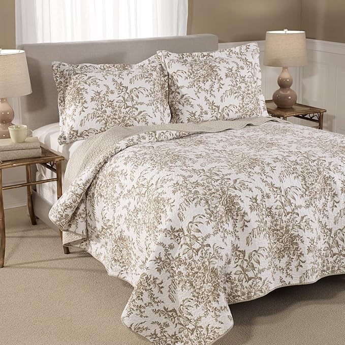 Laura Ashley - King Quilt Set, Reversible Cotton Bedding with Matching Shams, Home Decor for All Seasons (Bedford Mocha, King)