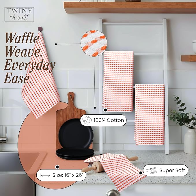 TWINY threads Waffle Dish Towels 4 Pack, 100% Cotton 16x26 Kitchen Hand Towel Pack, Highly Absorbent & Quick Dry Dishcloth Set for Drying Dishes, Cleaning Counters & Everyday Use, Orange, White