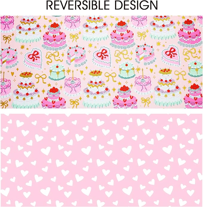 Homeral Birthday Cake Wrapping Paper Roll - Pink Cakes with Gold Metallic Foil & Heart Pattern, Reversible Gift Wrap for 1st Birthday, BABY Shower, Party - Mini Roll - 17 Inch x 33 Feet