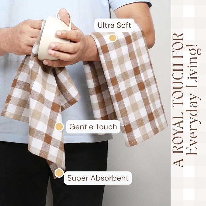 Checked Dish Towels 4 Pack, 18x26 Inches, Quick Dry Towels for Kitchen, Durable, Reusable, Absorbent Wash Cloths Set, Washable Fabric, Heavy Duty for Daily Use - Brown, Beige, White