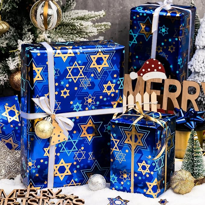 MAYPLUSS Hanukkah Wrapping Paper Roll - 17In * 32.8 Ft - Navy Blue Star of David Gift Wrap Present Paper with Metallic Foil Design for Chanukah Jewish Festival, Christmas, Party, Holiday & DIY Craft