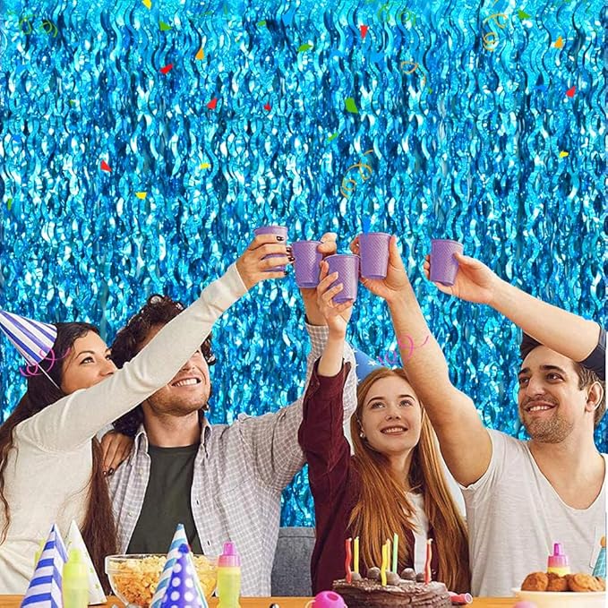 TONIFUL 3Pcs Wavy Metallic Tinsel Foil Fringe Curtains Teal Blue Streamer Backdrop for Photo Booth Props,Party Door Wall Curtains,Bachelorette,Underwater World Birthday Party Decor (9.9ft x 6.6ft)