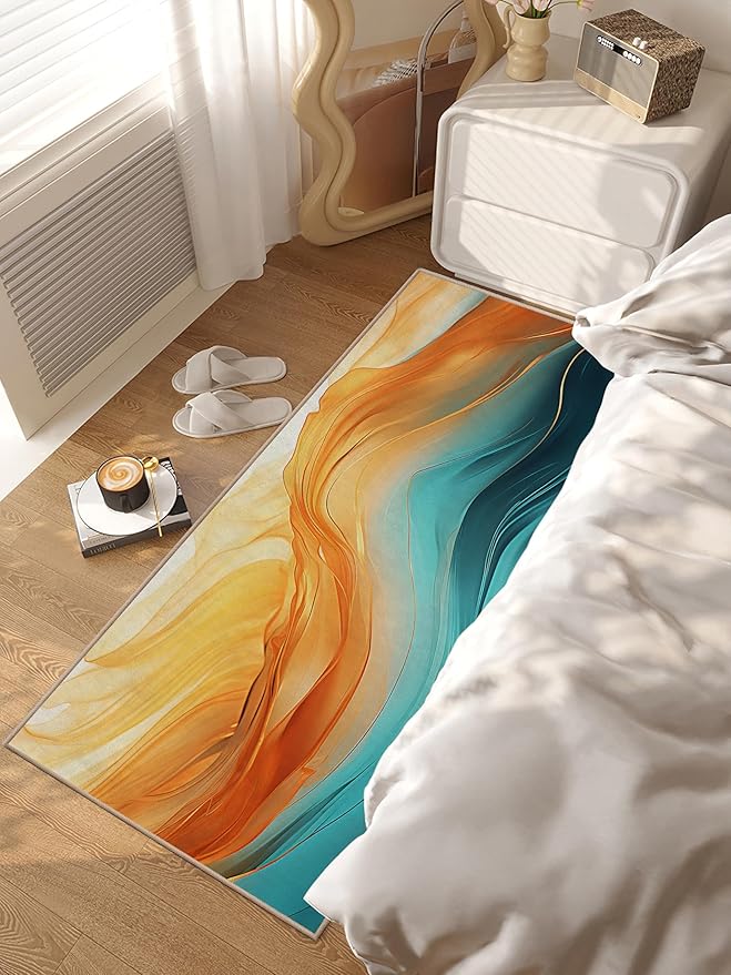 Orange Teal Kitchen Runner Rug 2'x6' Turquoise Orange Marble Non Slip Washable Decorative Rug Runner Carpet for Hallways Bedroom Bathroom Laundry