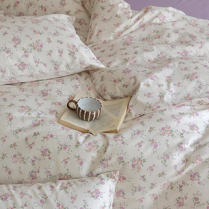 Vintage Style Pink Purple Floral Duvet Cover King 100% Cotton Chic Garden Floral Bedding Set Botanical Flower Comforter Cover with 2 Pillowcases Cottagecore Bedding Cover King with Zipper Closure