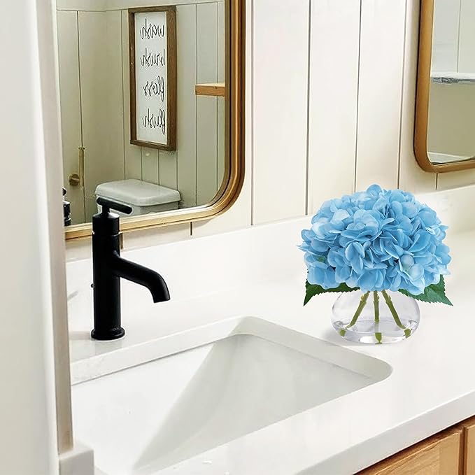 Big Petals Hydrangea Artificial Flowers in Vase, Blue Silk Fake Flowers Silk Centerpiece Table Decorations for Dining Room,Coffee Table Decor,Wedding, Home with Faux Water decorr (Sea Blue)