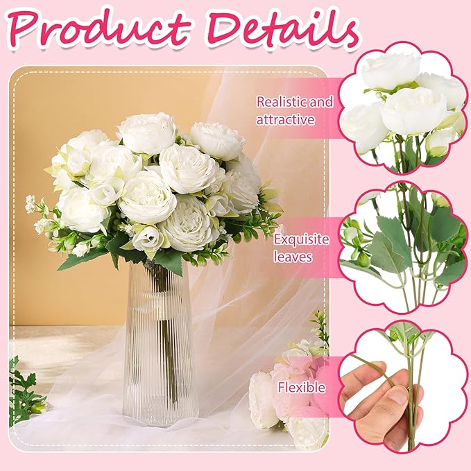 Olgaa 12 Bundles Peonies Artificial Flowers Artificial Peonies Silk Flowers Bulk Fake Peony Bouquet for Bridal Shower Decorations Wedding Table Centerpiece (White)