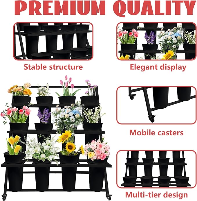 PROLEE Flower Display Stand with 12 Buckets, Flower Cart 3 Layers, Flower Stand Metal with Wheels, Moving Florist Bouquet Shelf, Triangular Rack Black