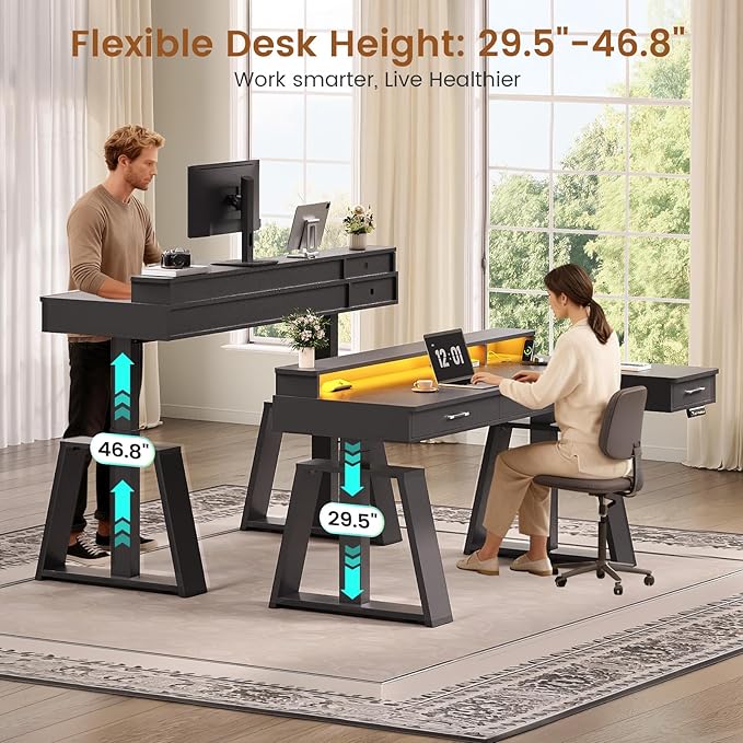 SEDETA 59 Inch L Shaped Electric Standing Desk with Drawers, Executive Adjustable Desk with Power Outlets, Monitor Stand, Sit Stand Computer Table for Home Office, Black