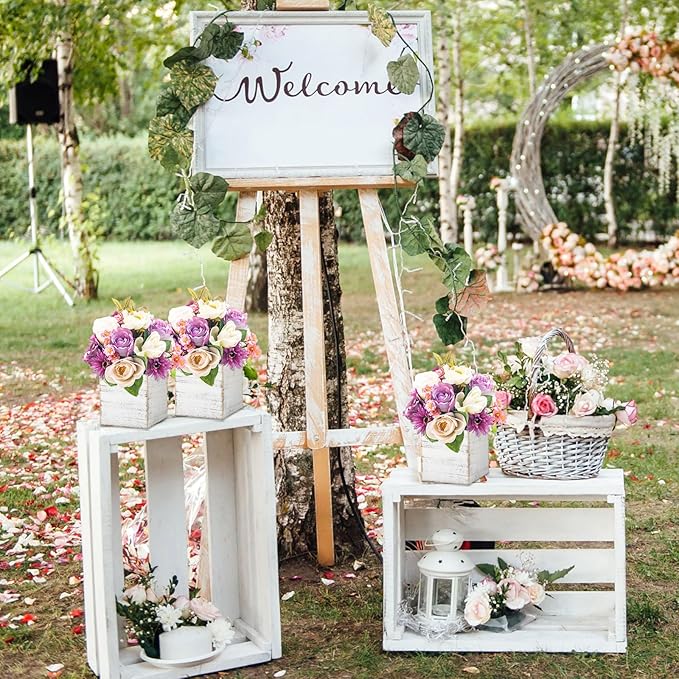Dandat 18 Sets Wooden Cube Planter Boxes for Centerpiece 4 Inch Flower White Wood Rustic Square Vase with Removable Plastic Liner Floral Foam Block for Garden Wedding Christmas Home Arrangement Decor