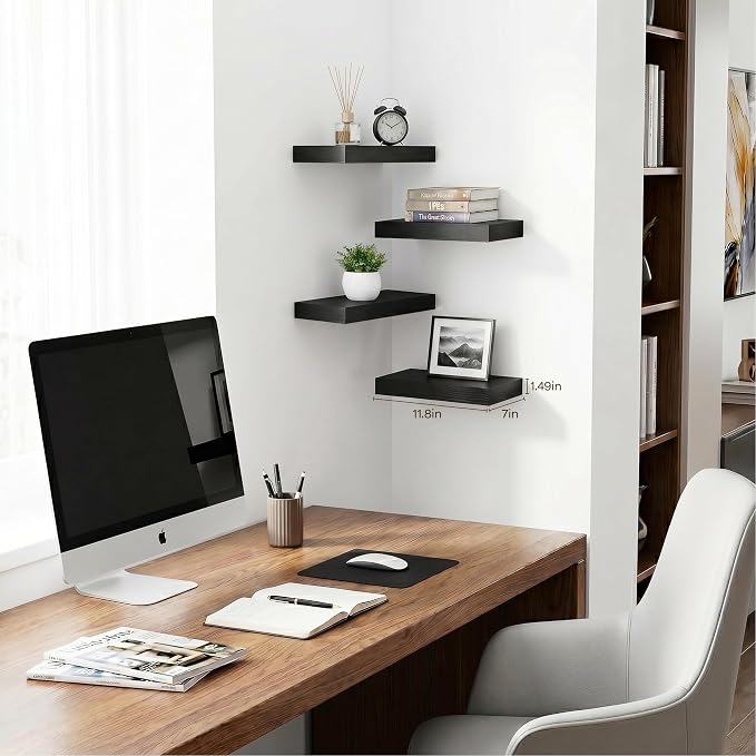 Black Floating Shelves for Wall Set of 4, 11.8 Inch Small Wall Shelves for Bathroom Over Toilet, Home Office & Bedroom Storage, Wall Mounted Shelf System for Decor, Books & Collectibles