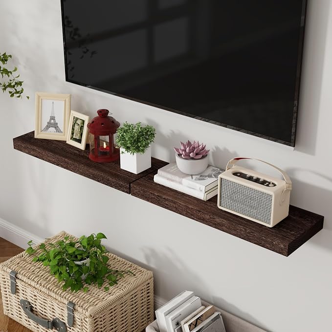 Axeman Floating Shelves, 2 Pack 8 Inch Deep Rustic Solid Wood Wall Shelves for Storage, Wall Mounted Display Shelving with Invisible Heavy-Duty Metal Bracket, 24" W x 8" D x 1.6" H, Rustic Brown
