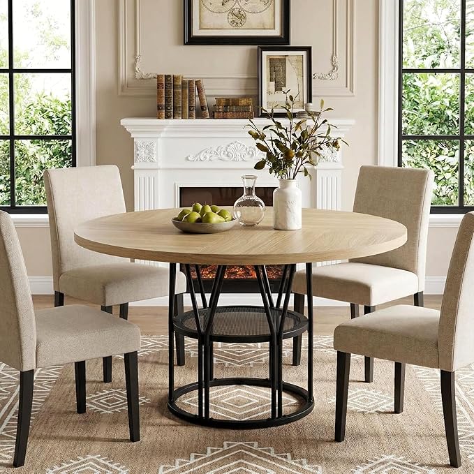 Garvee Round Dinning Table for 4-6 - 47" Circle Dinner Table with Storage Shelf & Sturdy Metal Frame, Modern Breakfast Tea Desk for Kitchen, Living Room, Apartment, Office, Natural