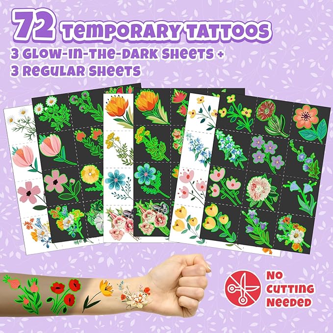 96 PCS Floral Flower Party Favors Set – 72 Pre-Cut Temporary Tattoos & 24 Slap Bracelets for Kids, Perfect for Spring Birthday Parties, Flower Festivals & Classroom Rewards