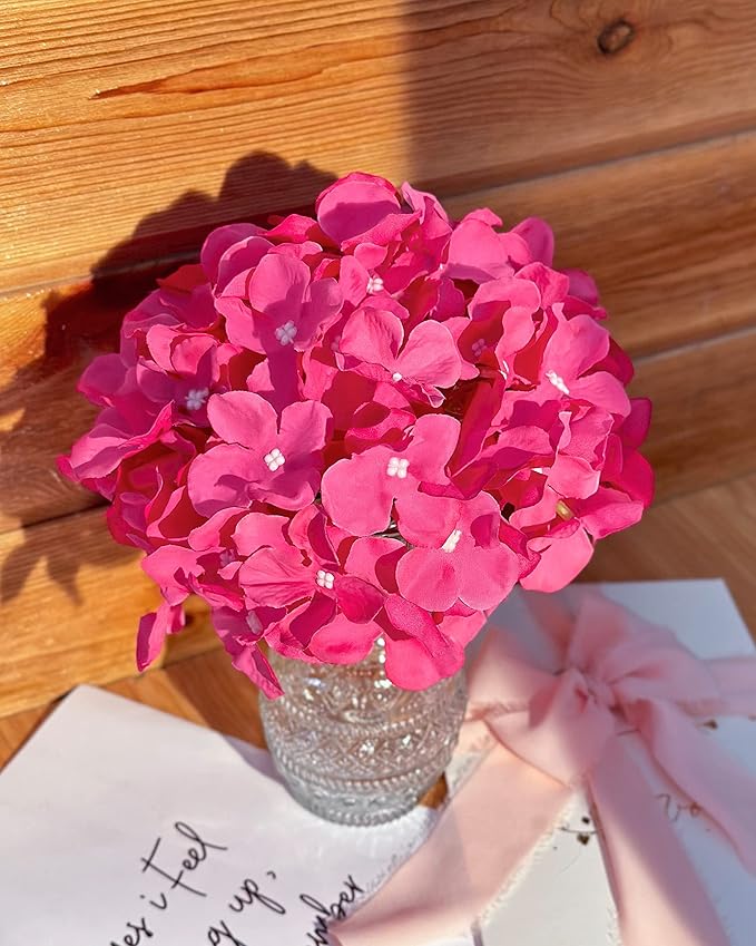 DuHouse 8.7" Silk Hydrangea Flower Heads with Stems Fake Hydrangeas Flowers for DIY Wedding Centerpiece Home Decor,Pack of 6(Fuchsia)