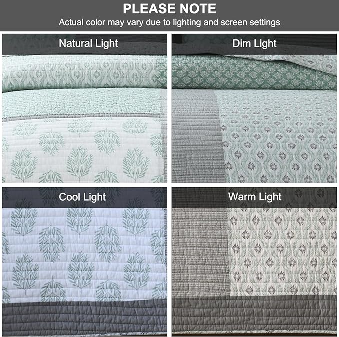 PANGUSHAN Quilt Set Queen Size, 100% Cotton Bedspread Quilt Bedding Set, Patchwork Reversible Floral Quilt for Queen Bed, Green/Grey/White Bed Spread, Lightweight Comforter for All Season, 3 Pieces