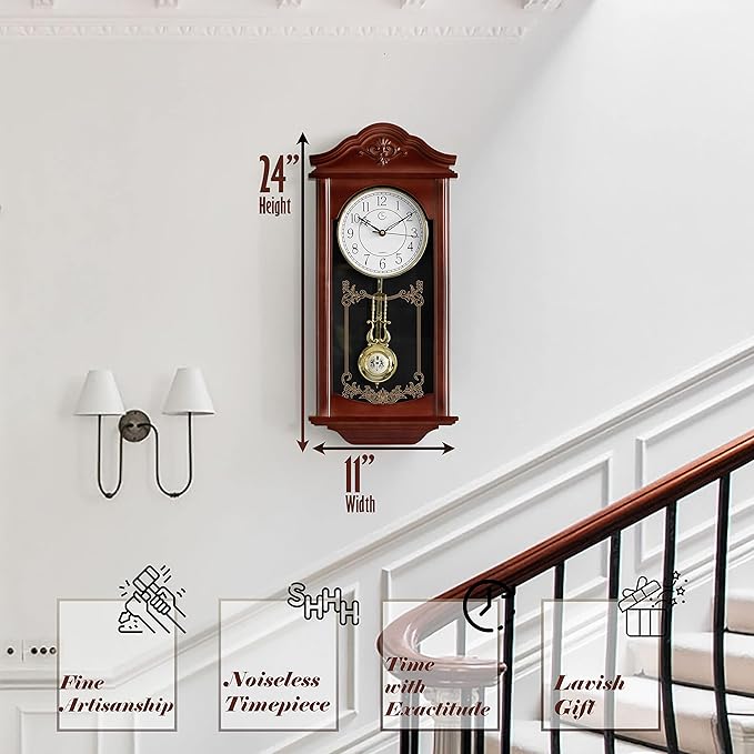 Clockswise 23.7" Vintage Grandfather Pendulum Clock - Antique Wood -Look Plastic Wall Clock for Living Room Decor, Silent Battery-Operated, Brown, Pendulum Clocks for Kitchen, Office, Dining Room