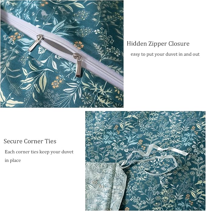 EAVD Reversible Botanical Floral Duvet Cover Queen Soft Cotton Flower Pattern Blue Duvet Cover with 2 Pillowcases Chic Shabby Garden Floral Comforter Set for Girls Women