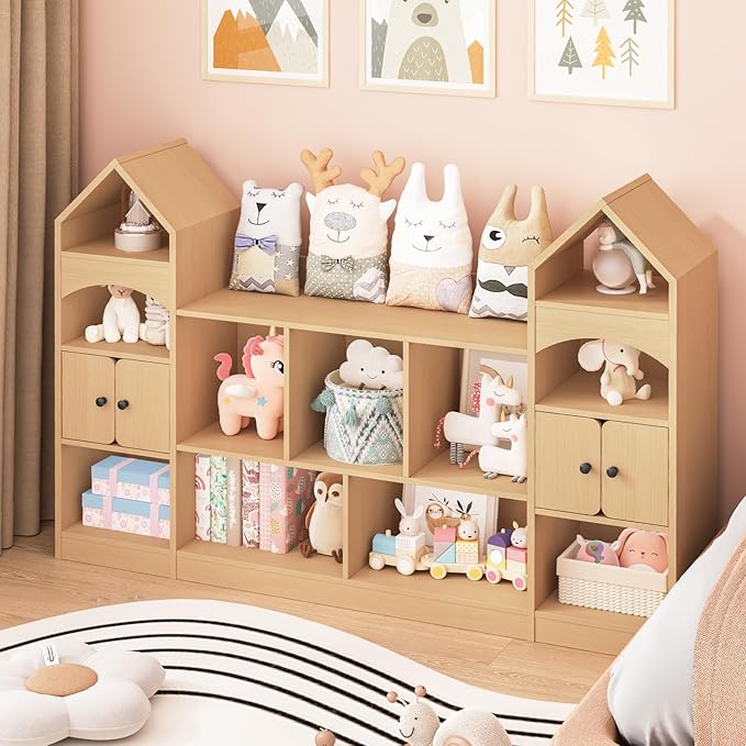 Castle Shape Children's Bookshelf, Kids Bookcase Display Case Kids Toy Storage Organizer Multifunctional Storage Cabinet Bookshelf Suitable for Playroom, Children's Room, Living Room, Oak