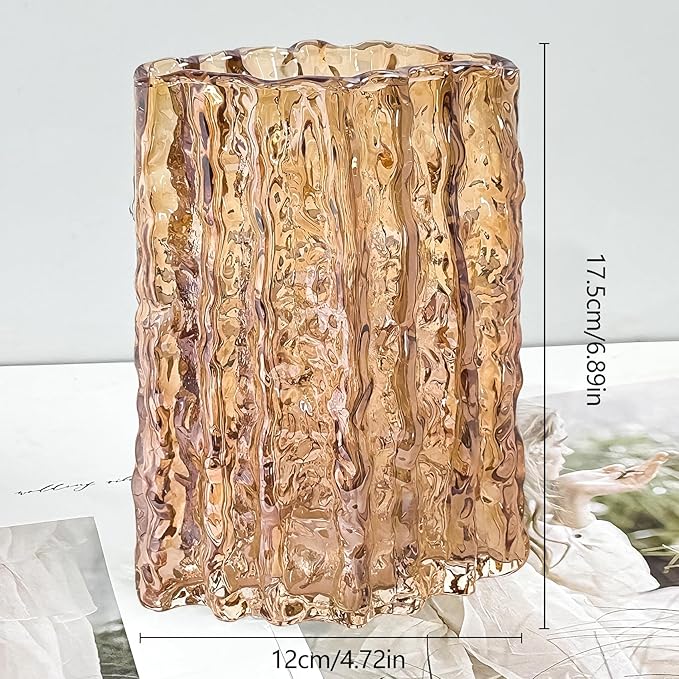 Aoderun Glass Vase Crystal Vase Heavy Duty Large Flower Vase for Dining Table Kitchen Office Home Shelf Wedding Living Room Centerpieces(Amber)