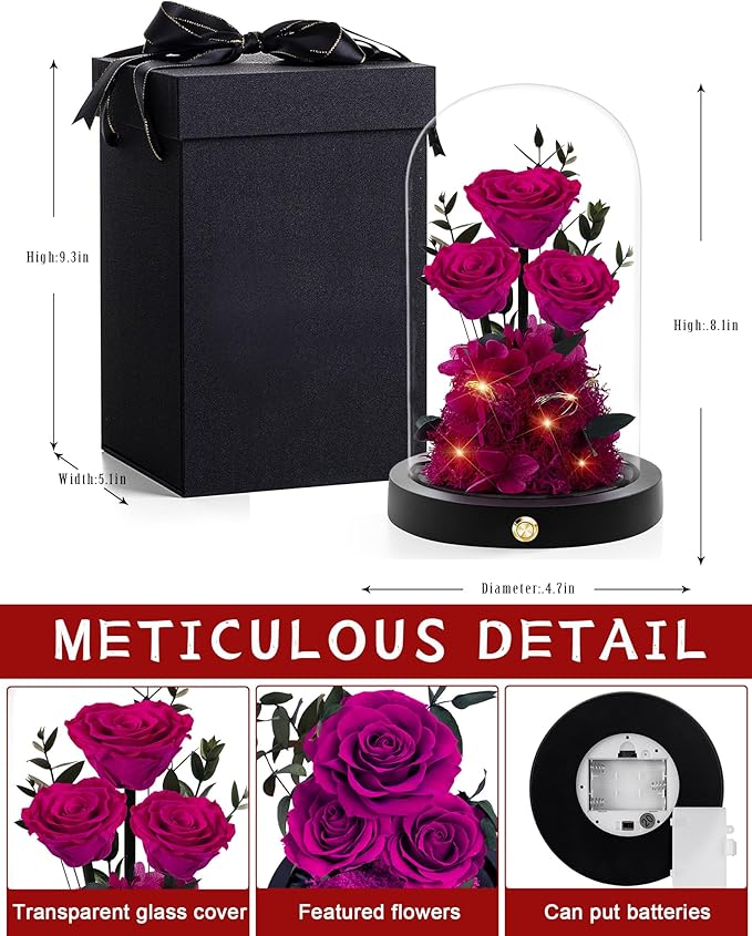 Christmas Flowers Roses Gifts for Mom,Forever Real Preserved Roses in Glass Dome,Christmas Anniversary Thanksgiving Gifts for Wife Girlfriend Women Best Friend Grandma/Rose