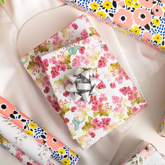 MAYPLUSS Floral Wrapping Paper Roll - 17x120 Inch, 3 Rolls - Multi-purpose, Perfect for Gift Wrap, Wedding, Birthday, Mother's Day