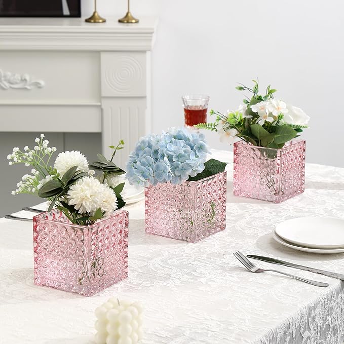 Square Vases Set of 6, 4" x 4" x 4" Square Glass Vases for Flowers, Pink Flower Vase for Centerpieces, Small Bubble Vase for Wedding, Party, Home, Office, Parties, Events
