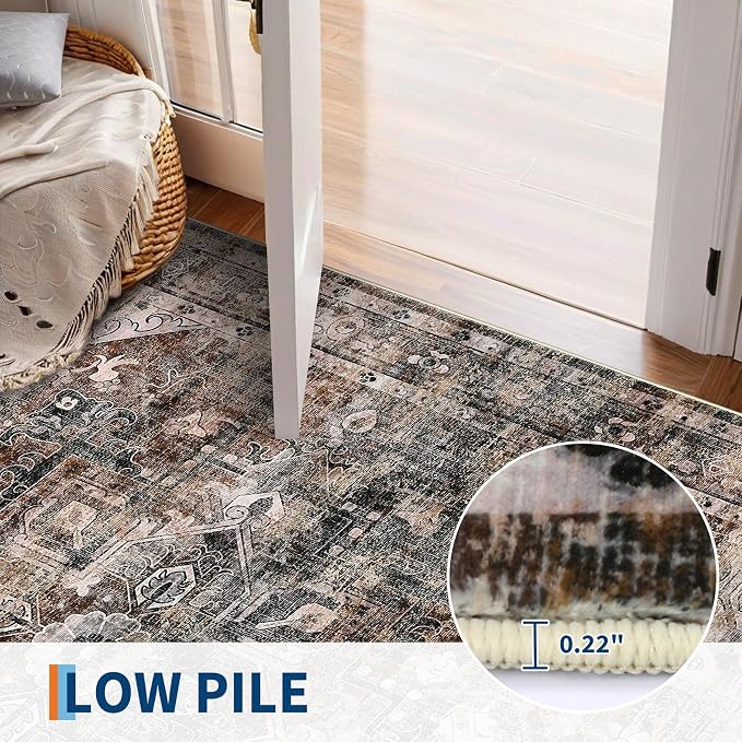 5x7 Area Rug Washable Boho Vintage Medal Print Small Carpet Non Slip Office Rugs Low Pile Soft Bedroom Carpet Non Shedding Kids Nursery Floor Mats for Kitchen Dining Living Room Brown