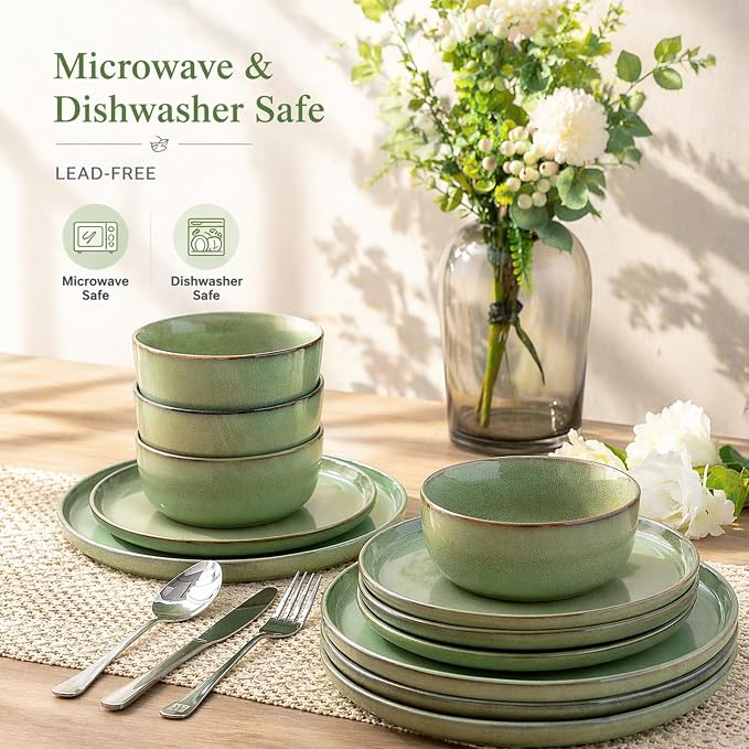 GBHOME 24 Pieces Double Bowls Dinnerware Sets for 6, Stoneware Plates and Bowls Set with Reactive Glaze, Scratch Resistant Stoneware Dishes Set, Dishwasher & Microwave Safe