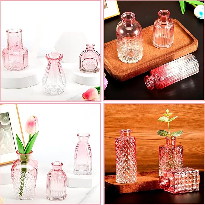 Glass Bud Vases Set of 12, 12Pcs Glass Bud Vases,Small Glass Vases for Centerpieces,Pink Vase for Flowers,Mini Vintage Flower Vase in Bulk for Rusti Wedding Home Room Office Table Decor(Pink)