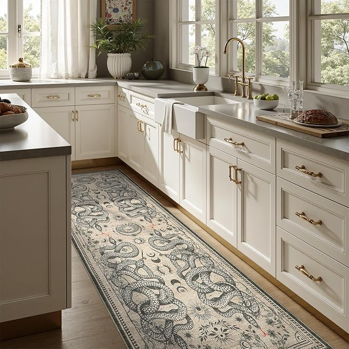 DCX Washable 2x6 Snake Runner Rug, Beige Gothic Rug for Living Room, Soft Low Pile Carpet, Kid & Pet Friendly with Rubber Back Non Slip, Stain Resistant Rug for Bedroom Dining Room Office
