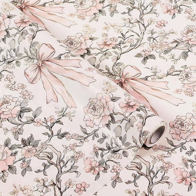 Ywdbzjhs 1 Roll Pink Bow and Flower Wrapping Paper Mini Roll - 17 In x 33 Ft - Coquette Vintage Floral Pink Bows Gift Wrap Paper for Christmas Birthday Wedding Baby Shower Engagement Bridal Shower