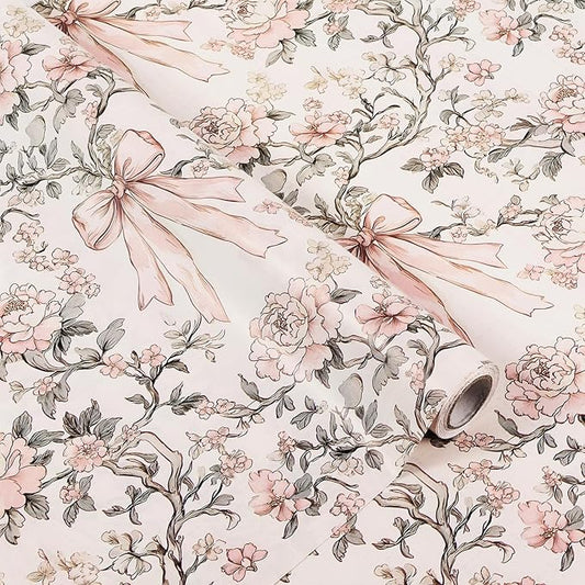 Ywdbzjhs 1 Roll Pink Bow and Flower Wrapping Paper Mini Roll - 17 In x 33 Ft - Coquette Vintage Floral Pink Bows Gift Wrap Paper for Christmas Birthday Wedding Baby Shower Engagement Bridal Shower