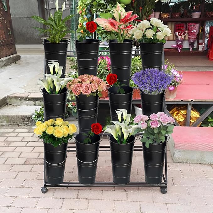 Notakia 10.62 Inch Galvanized Metal Vases Farmhouse French Flower Bucket Vases for Cut Flowers for Home Decor and Wedding Table Centerpiece Decorations (Medium Size Black 8Pcs)