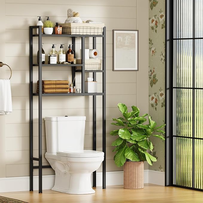 Asgolion Over The Toilet Storage Rack, 3-Tier Bathroom Organizer Over Toilet, Wooden Above Toilet Storage Shelf, Space Saver, Freestanding Bathroom Storage Metal Shelf, Easy to Assemble, Black