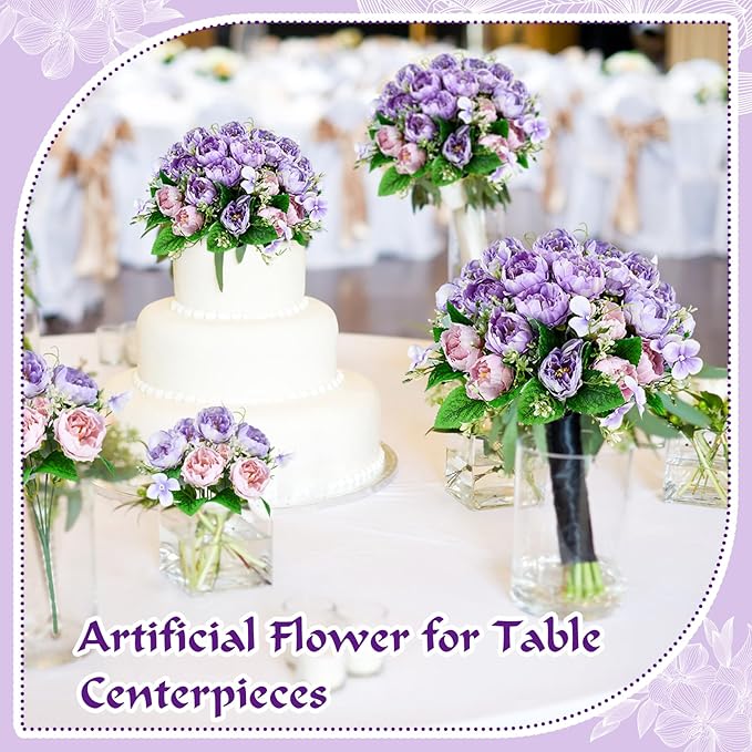Olgaa 12 Bundles Peonies Artificial Flowers Fake Peony Bouquet Faux Peonies Flowers Bulk with Stems Flower Balls for Centerpiece Table Decorations Wedding Bridal Floral Arrangement (Purple)