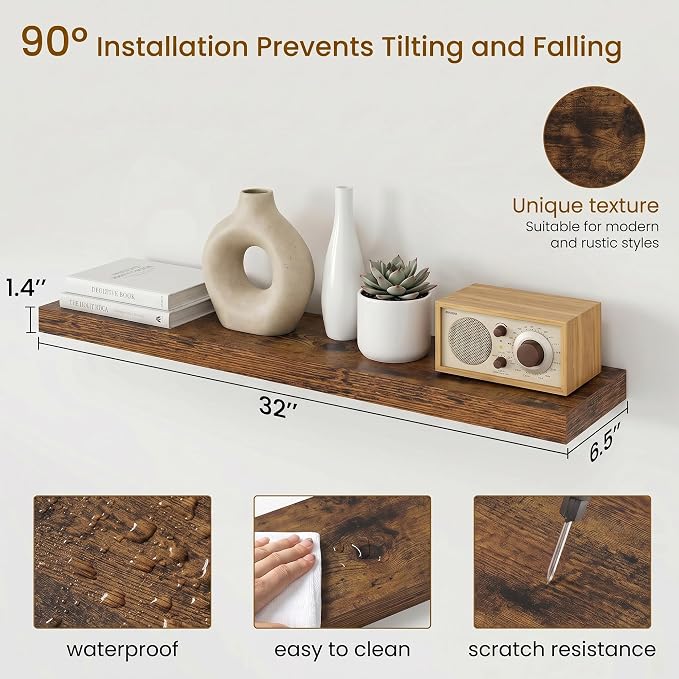 Dreamland 32inch Floating Shelves for Wall, Rustic Brown Floating Shelves for Bathroom|Bedroom|Kitchen, Deep Wall Mounted Book Shelf, Wood Storage Display Shelf for Home Decor, Set of 2