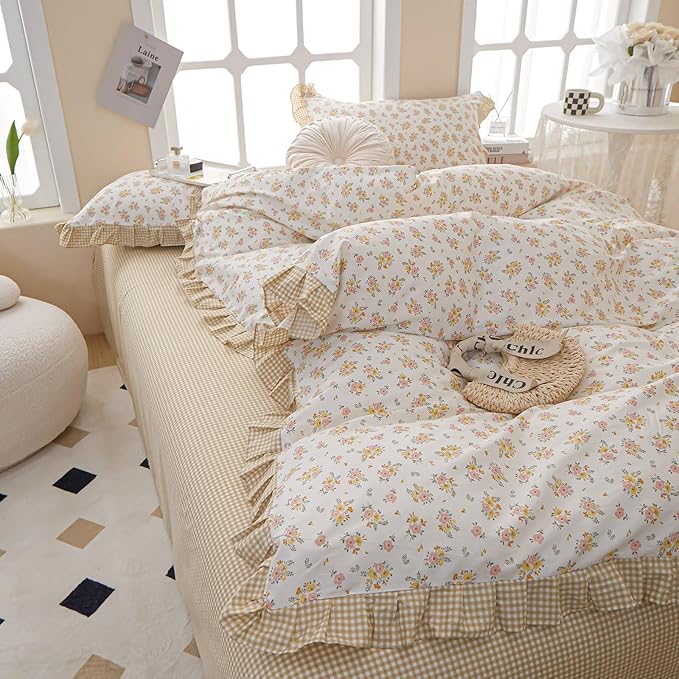 EAVD Vintage Style Botanical Floral Duvet Cover Queen White Soft 100% Cotton Garden Yellow Pink Floral Bedding Set with 2 Pillowcases Chic Shabby Floral Ruffle Duvet Cover with Zipper Closure
