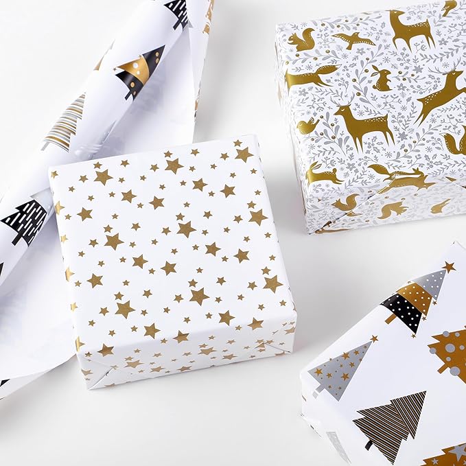 Miss DuiDui Christmas Gift Wrapping Paper, 3 Rolls, 17 inch x 9.8 feet, Gold Stars Animals Trees Xmas Design for Christmas, Party, Kids Boys Girls, Baby Shower, Holiday