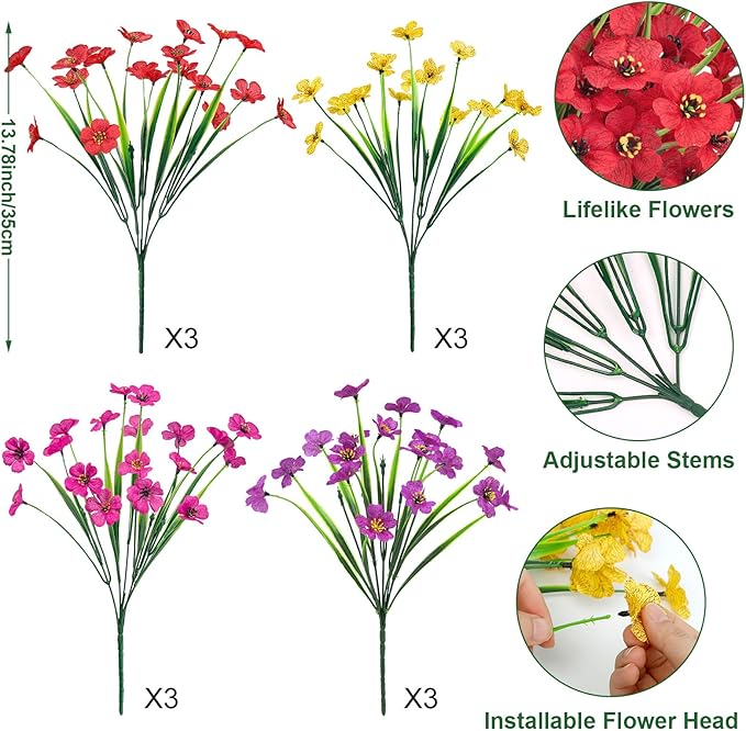 Ouddy Decor 12 Bundles Artificial Flowers for Outdoors Fake Silk Flowers UV Resistant Faux Plastic Plants for Indoor Outdoor Vase Box Garden Porch Window Box Home Spring Summer Decor, Multicolor