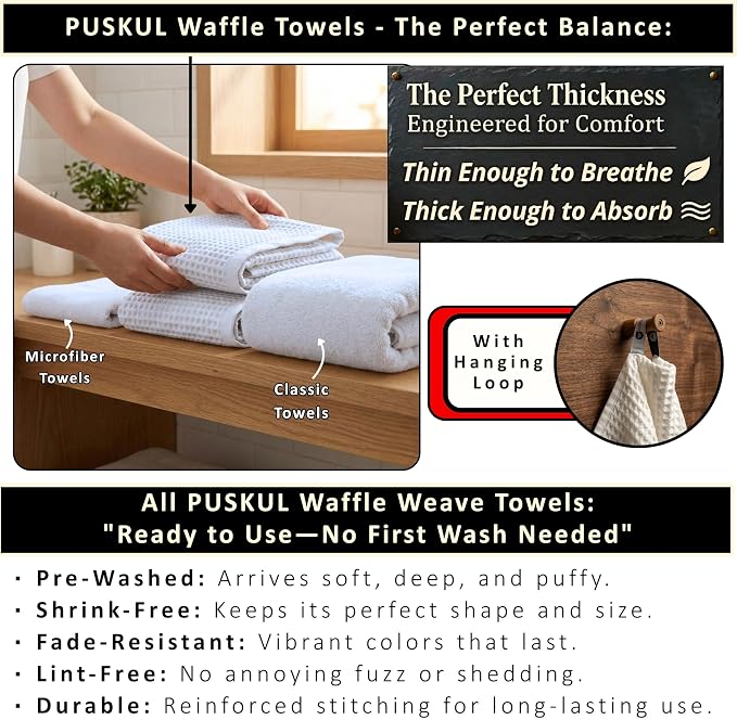 PÜSKÜL 4-Piece Natural 100% Turkish Cotton Luxury Waffle Towels for Bathroom | Premium Quality Honeycomb Weave 2 Hand Towel & 2 Bath Towel Set | Soft Absorbent Quick-Dry Lightweight Towels (White)